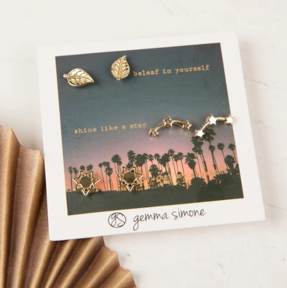 Gemma Simone 14kt Gold Plated Sun Stars Leaf Earrings Set
